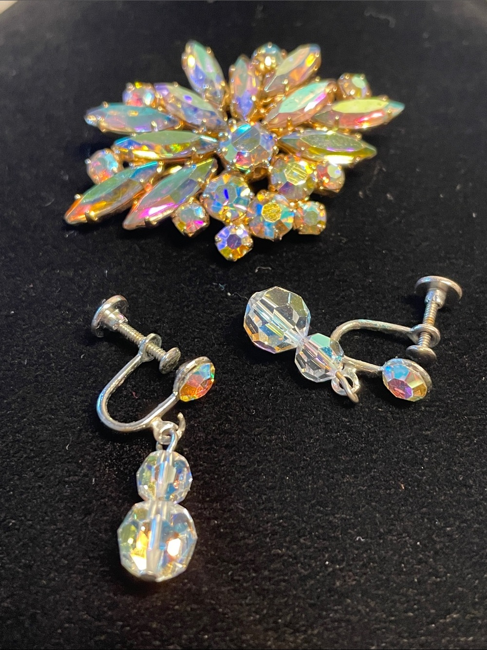 Aurora Crystal Floral Brooch and Drop Clip-On Earrings Set - Iridescent